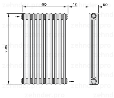 Схема (чертеж) Радиатор Zehnder Charleston 3250/10 №1670 Белый глянцевый RAL 9016